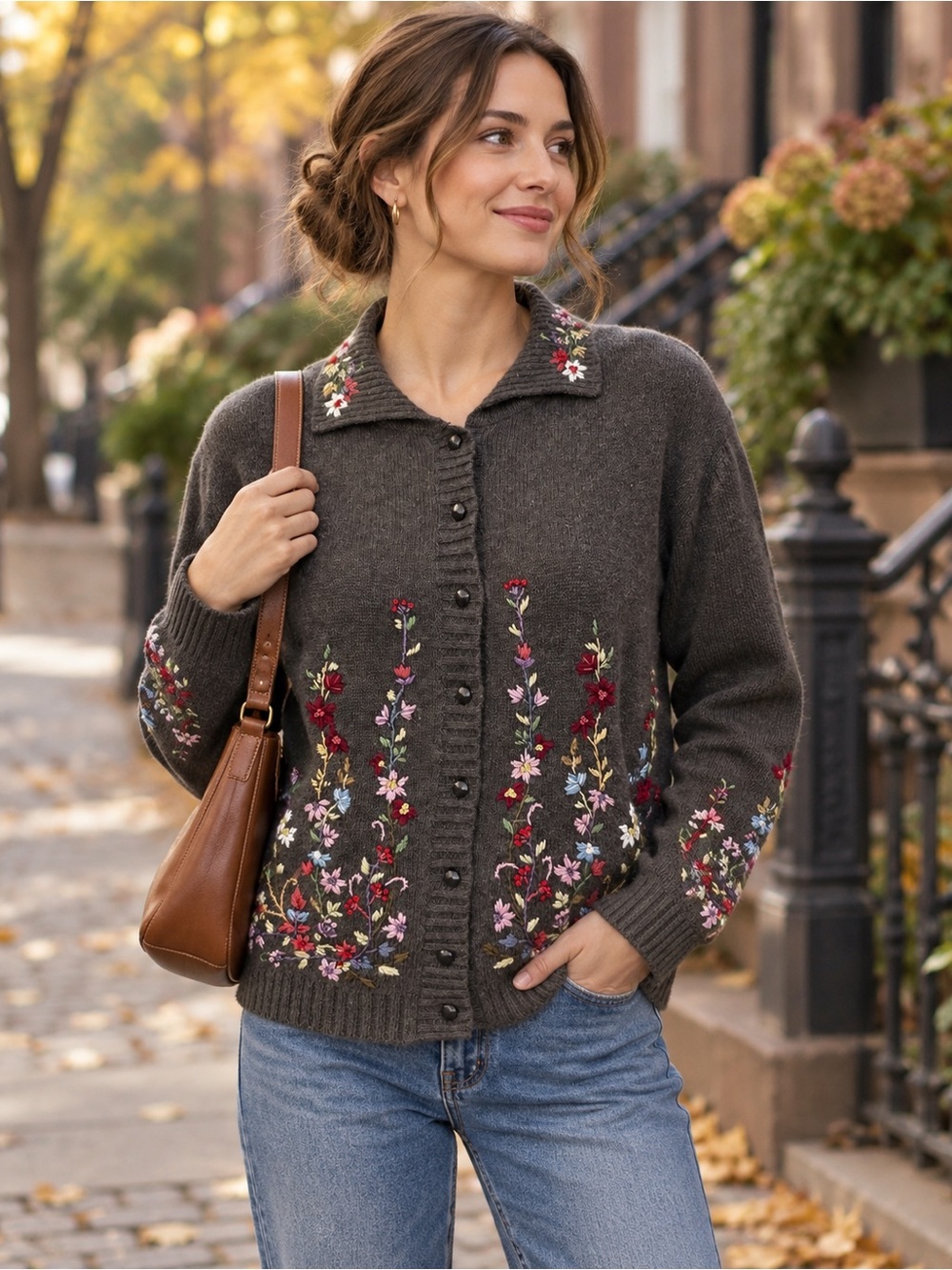 Tiara Petite Floral Embroidered Ramie Cotton Cardigan Sweater PS